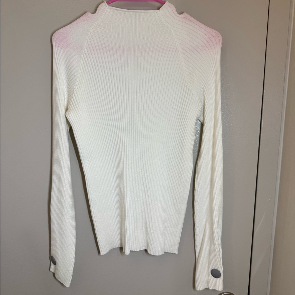 Minimalist Cream Ribbed Knit Mock Neck Top with Button Sleeve Detail
